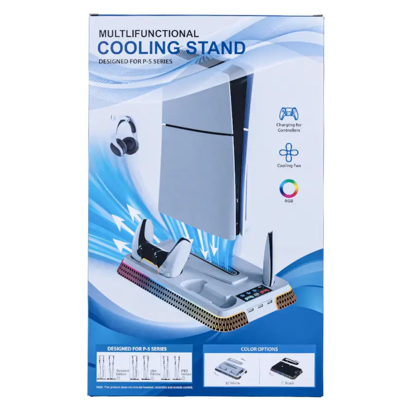 Wigearss Cooling Stand for PS5 Slim & PS5 Pro – Dual Controller Charging, RGB Lights, Headset Holder & 3 USB Ports – White